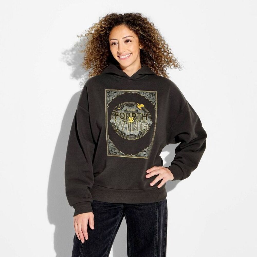 Women's Fourth Wing Fleece Hooded Graphic Pullover Sweatshirt - Black L